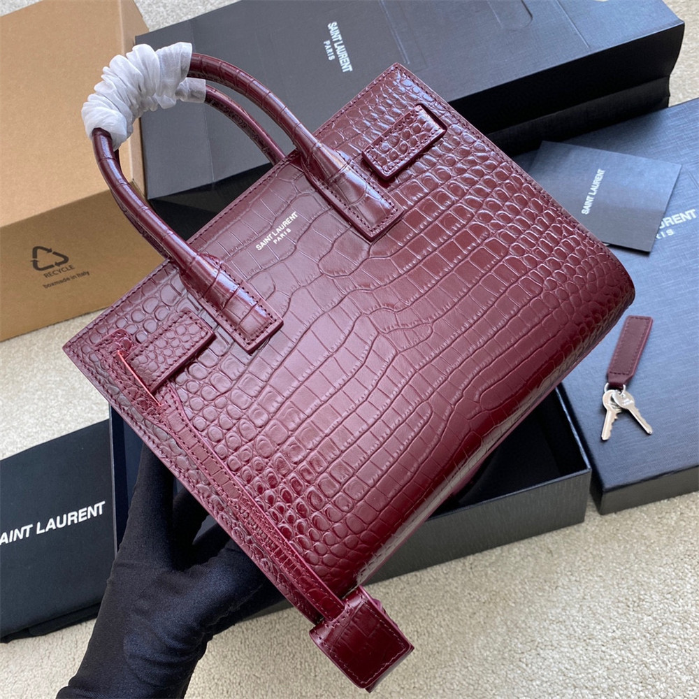 YSL SAC DE JOUR NANO IN CROCODILE EMBOSSED LEATHER ROUGE LEGION 8.6 X 6.8 X 3.5 INCHES