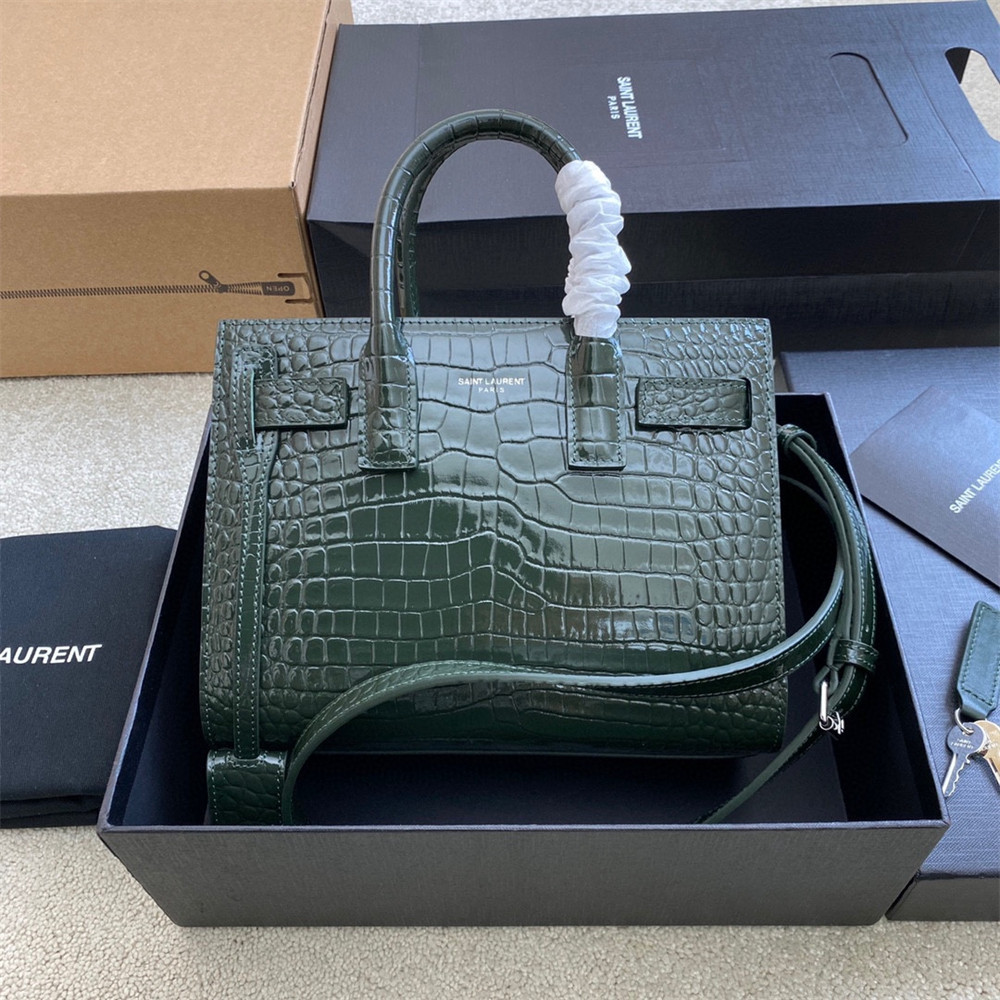 YSL SAC DE JOUR NANO IN CROCODILE EMBOSSED LEATHER GREEN 8.6 X 6.8 X 3.5 INCHES