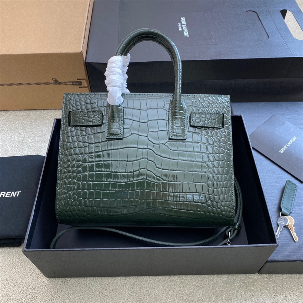 YSL SAC DE JOUR NANO IN CROCODILE EMBOSSED LEATHER GREEN 8.6 X 6.8 X 3.5 INCHES