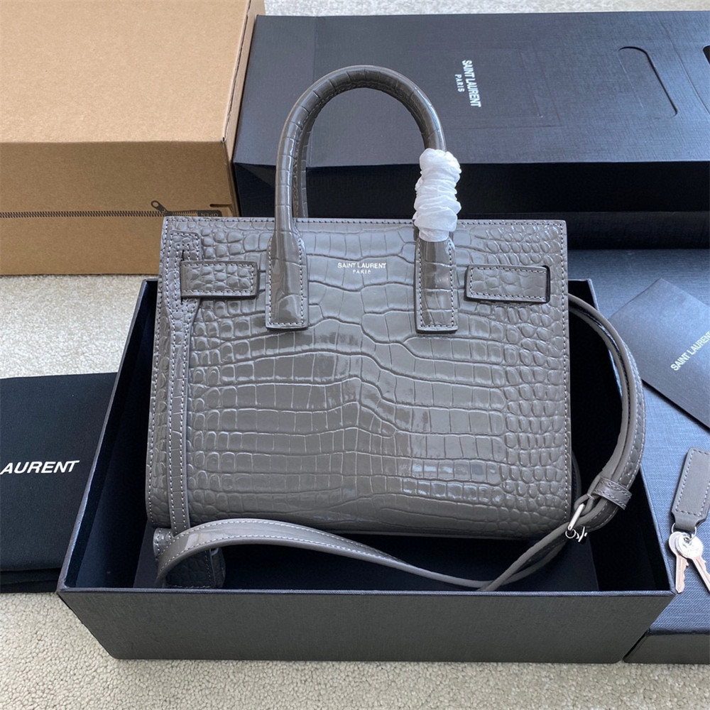 YSL SAC DE JOUR NANO IN CROCODILE EMBOSSED LEATHER DARK GREY 8.6 X 6.8 X 3.5 INCHES