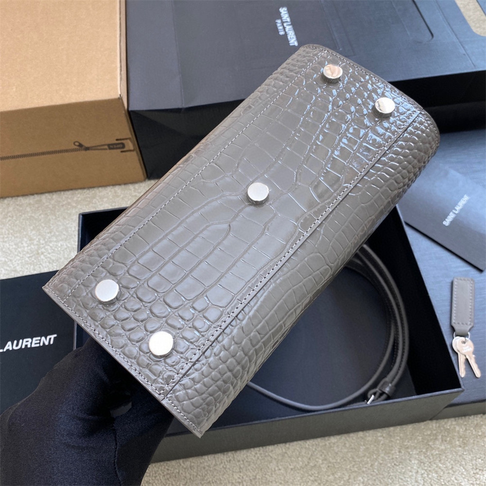 YSL SAC DE JOUR NANO IN CROCODILE EMBOSSED LEATHER DARK GREY 8.6 X 6.8 X 3.5 INCHES