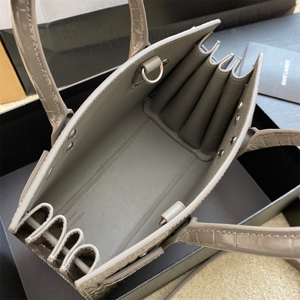 YSL SAC DE JOUR NANO IN CROCODILE EMBOSSED LEATHER DARK GREY 8.6 X 6.8 X 3.5 INCHES