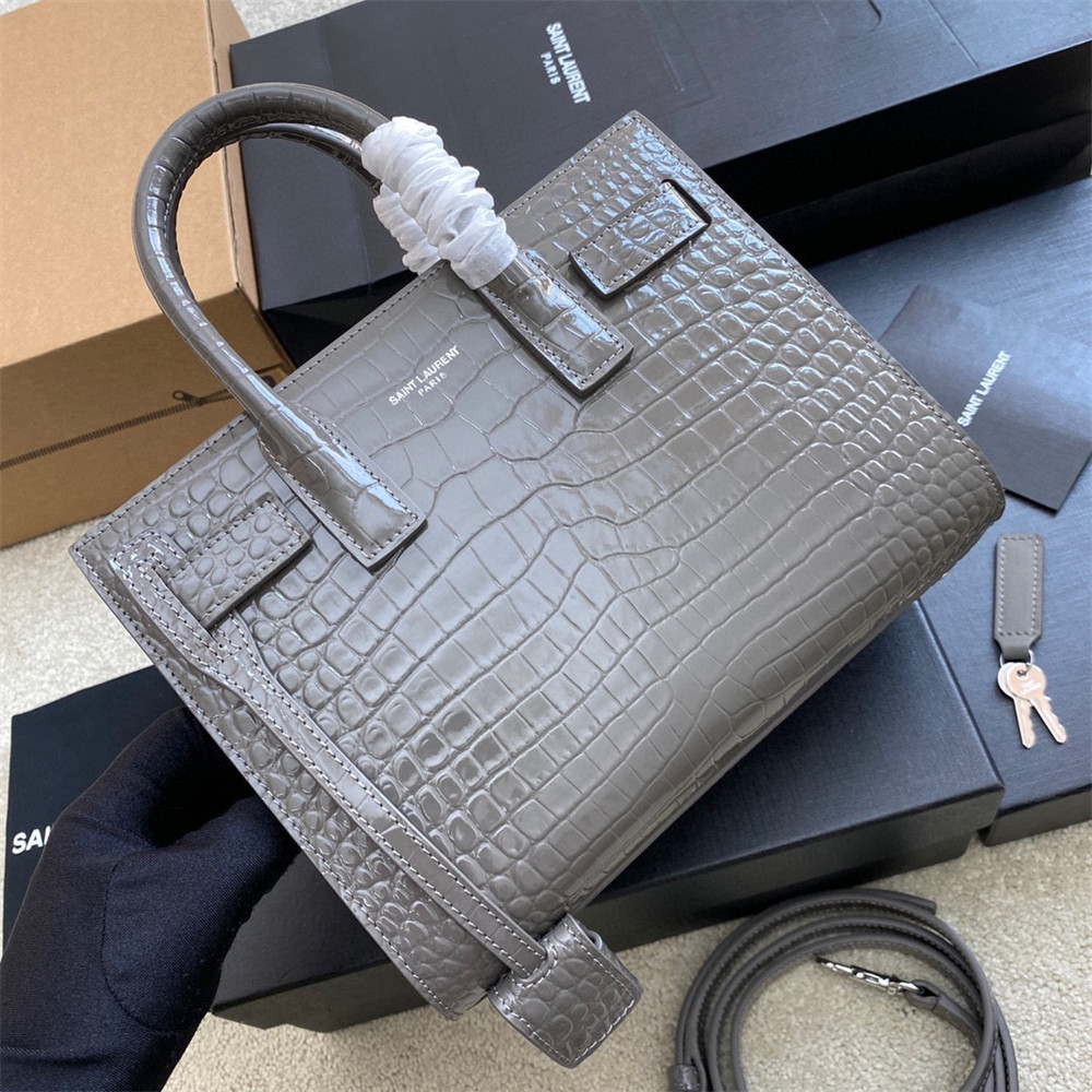 YSL SAC DE JOUR NANO IN CROCODILE EMBOSSED LEATHER DARK GREY 8.6 X 6.8 X 3.5 INCHES