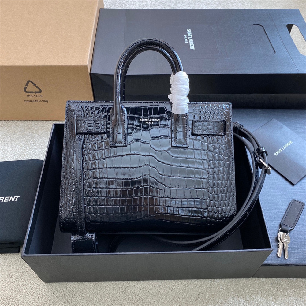 YSL SAC DE JOUR NANO IN CROCODILE EMBOSSED LEATHER BLACK 8.6 X 6.8 X 3.5 INCHES