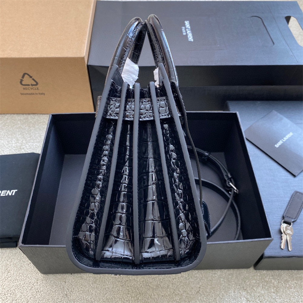 YSL SAC DE JOUR NANO IN CROCODILE EMBOSSED LEATHER BLACK 8.6 X 6.8 X 3.5 INCHES