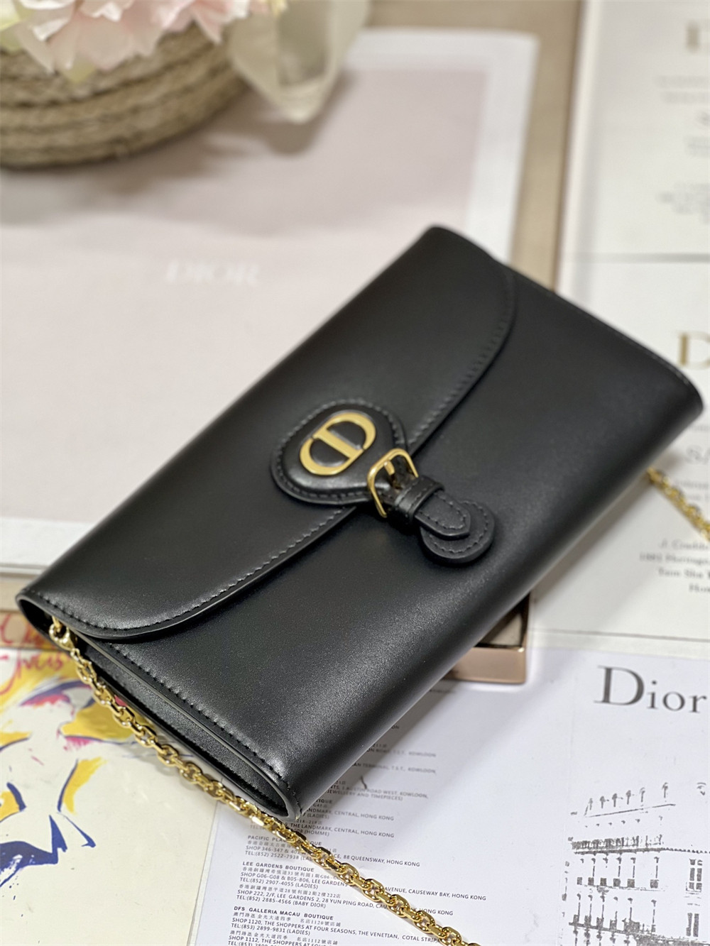 DIOR BOBBY EAST-WEST POUCH WITH CHAIN Latte Smooth Calfskin Black