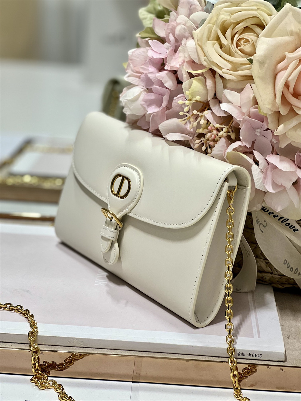 DIOR BOBBY EAST-WEST POUCH WITH CHAIN Latte Smooth Calfskin White