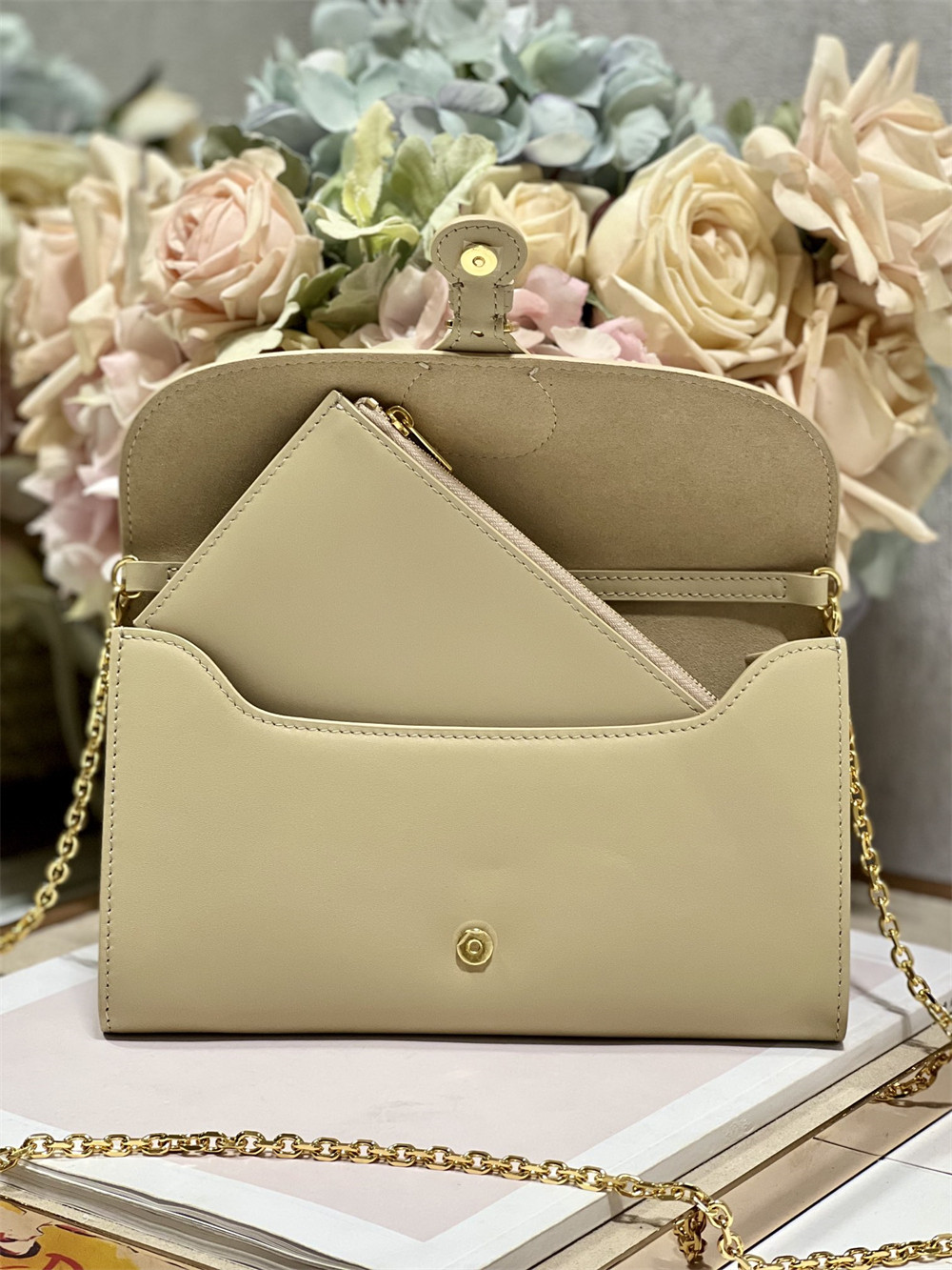 DIOR BOBBY EAST-WEST POUCH WITH CHAIN Latte Smooth Calfskin Apricot