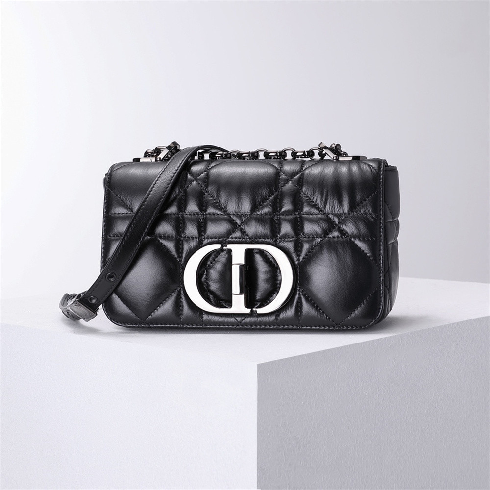 SMALL DIOR CARO BAG BLACK Supple Cannage Calfskin With Silver Hardware 20 x 12 x 7 cm