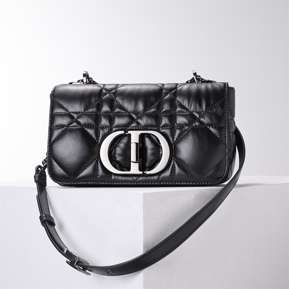 MEDIUM DIOR CARO BAG Black Supple Cannage Calfskin With Silver Hardware 20x12x7cm