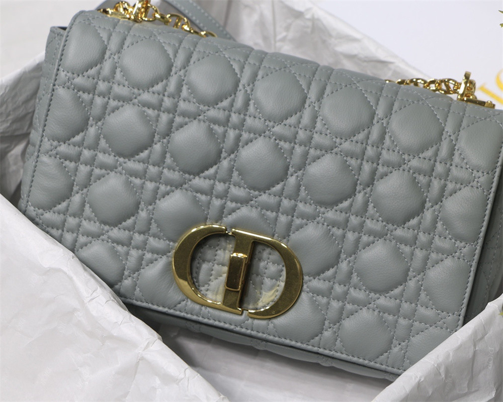LARGE DIOR CARO BAG Stone Gray Supple Cannage Calfskin 29 x 18 x 10 cm