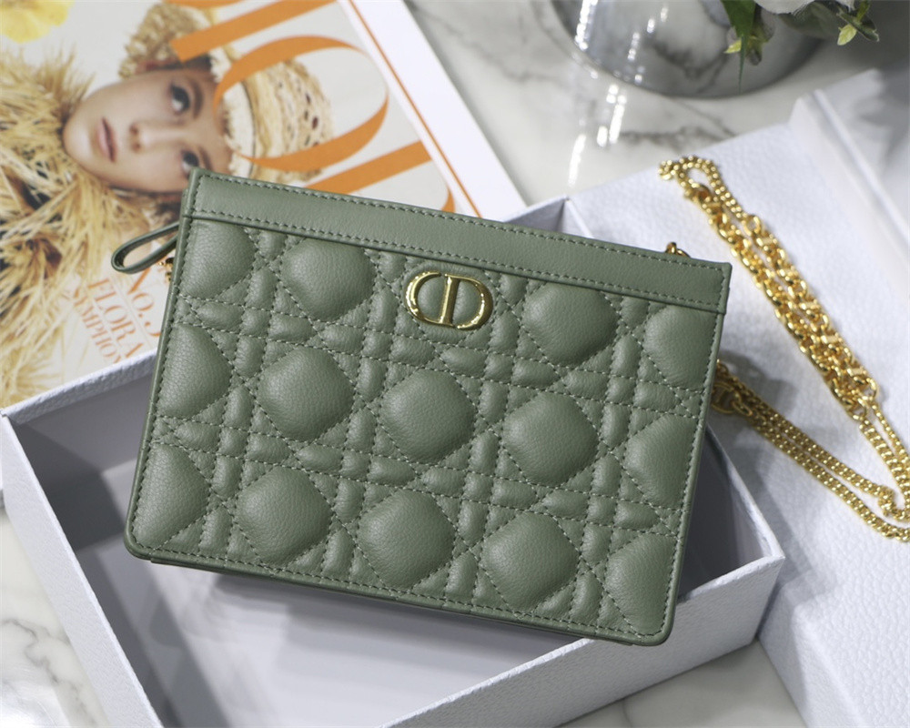 DIOR CARO ZIPPED POUCH WITH CHAIN Green Supple Cannage Calfskin 19 x 14 x 4.5 cm