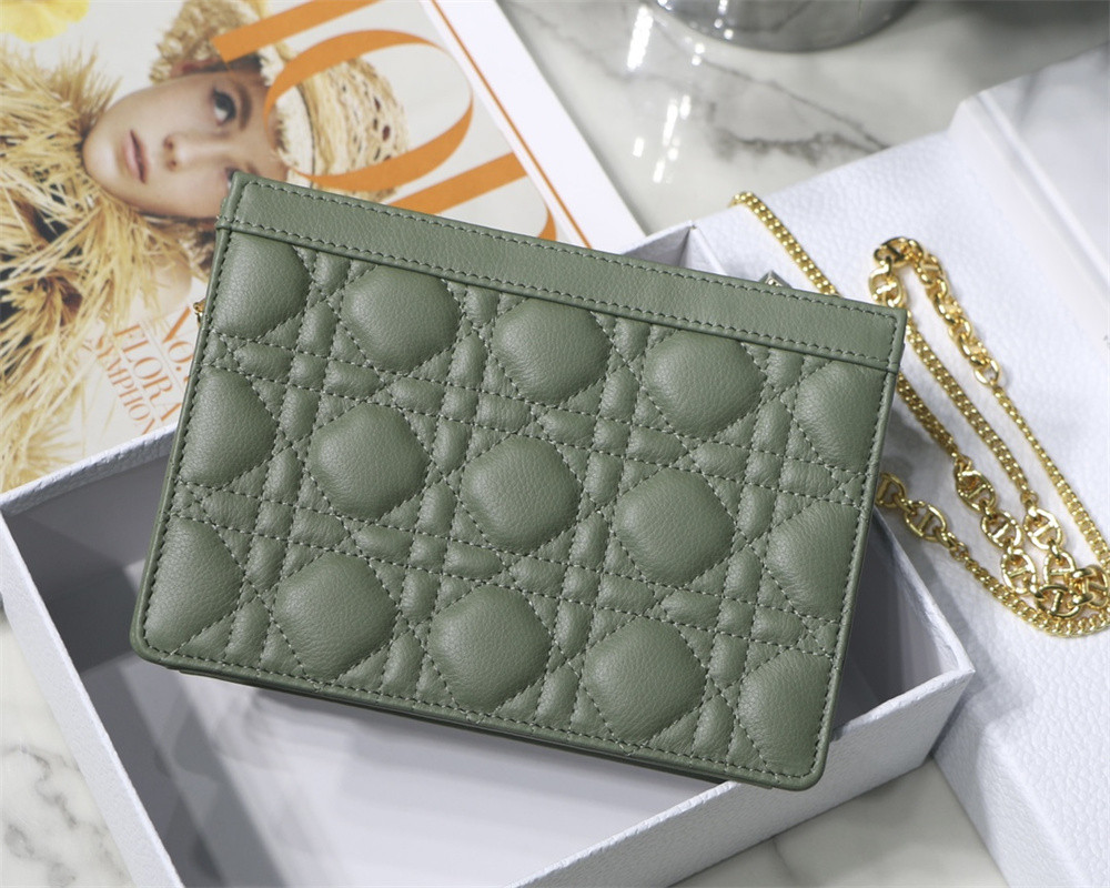 DIOR CARO ZIPPED POUCH WITH CHAIN Green Supple Cannage Calfskin 19 x 14 x 4.5 cm