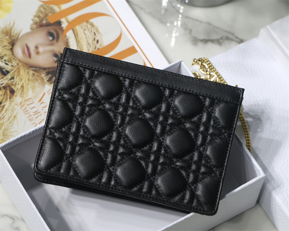 DIOR CARO ZIPPED POUCH WITH CHAIN Black Supple Cannage Calfskin 19 x 14 x 4.5 cm