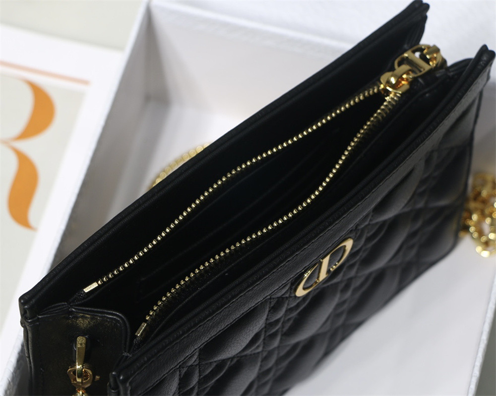 DIOR CARO ZIPPED POUCH WITH CHAIN Black Supple Cannage Calfskin 19 x 14 x 4.5 cm