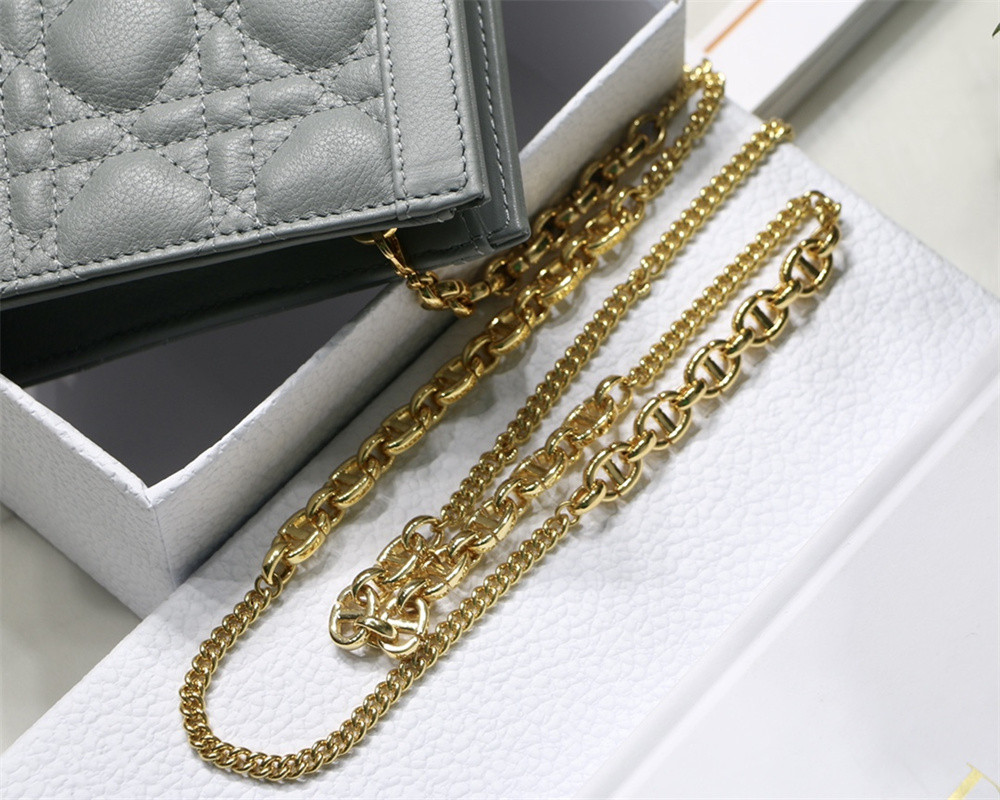 DIOR CARO ZIPPED POUCH WITH CHAIN Grey Supple Cannage Calfskin 19 x 14 x 4.5 cm