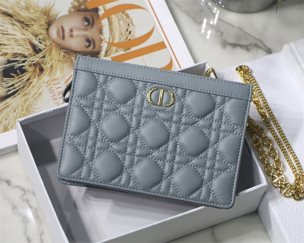 DIOR CARO ZIPPED POUCH WITH CHAIN Blue Supple Cannage Calfskin 19 x 14 x 4.5 cm