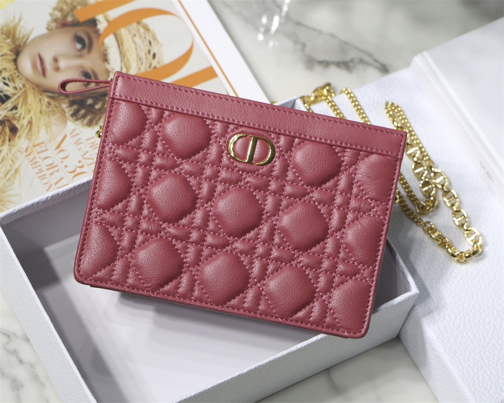 DIOR CARO ZIPPED POUCH WITH CHAIN Red Supple Cannage Calfskin 19 x 14 x 4.5 cm