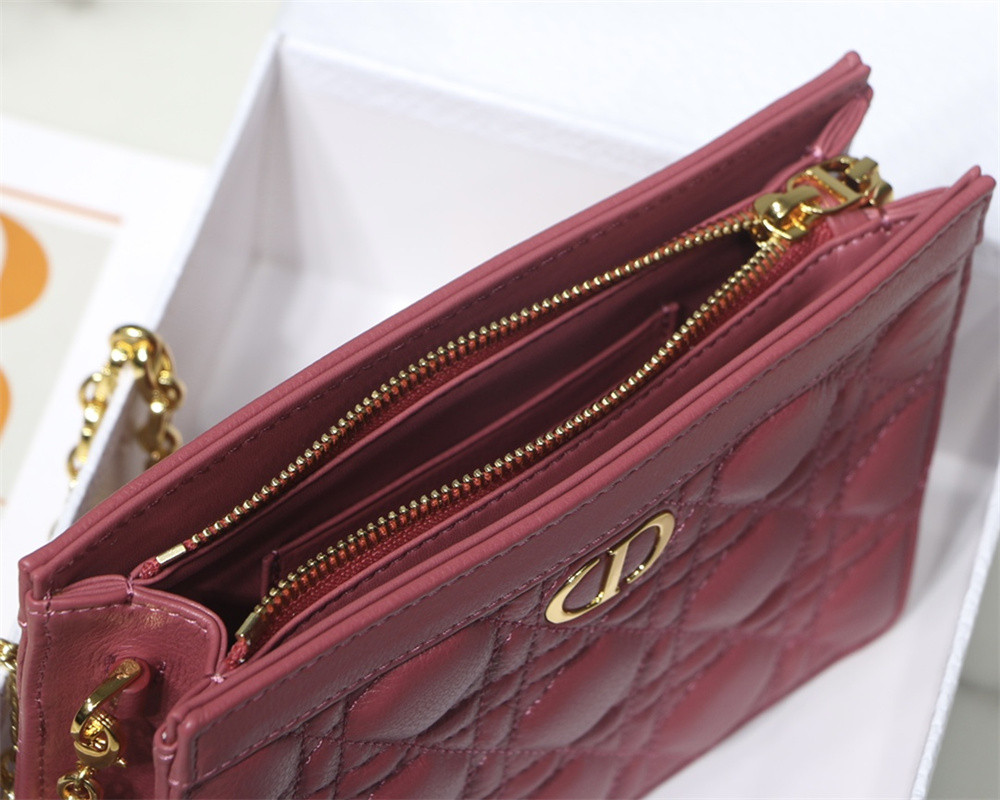 DIOR CARO ZIPPED POUCH WITH CHAIN Red Supple Cannage Calfskin 19 x 14 x 4.5 cm