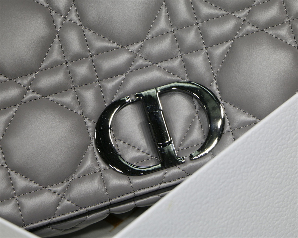 LARGE DIOR CARO BAG Stone Gray Supple Cannage Calfskin With Silver Hardware 29 x 18 x 10 cm