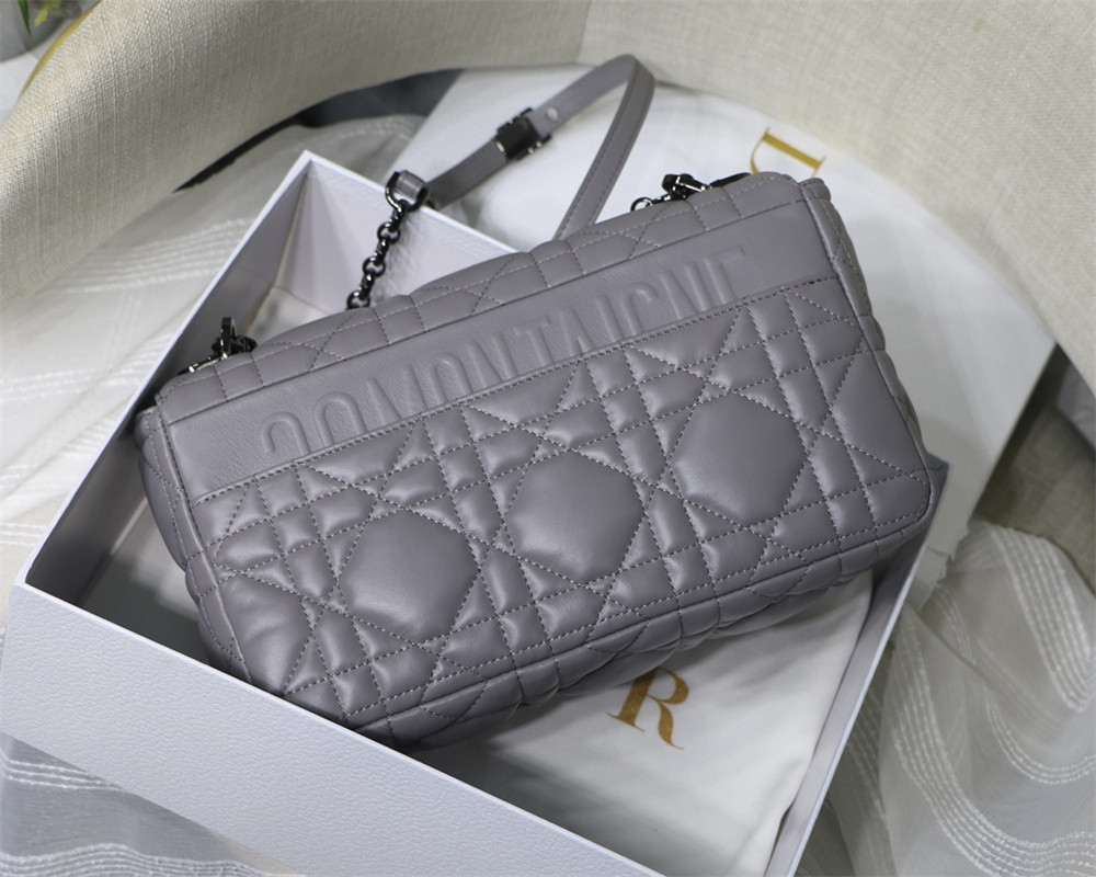 LARGE DIOR CARO BAG Stone Gray Supple Cannage Calfskin With Silver Hardware 29 x 18 x 10 cm