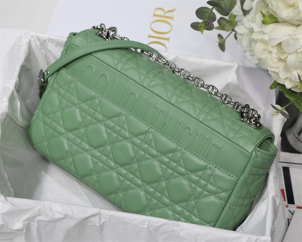 LARGE DIOR CARO BAG Green Supple Cannage Calfskin With Silver Hardware 29 x 18 x 10 cm