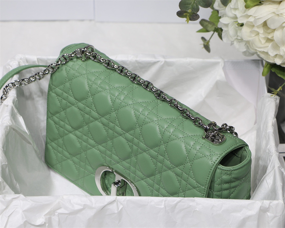 LARGE DIOR CARO BAG Green Supple Cannage Calfskin With Silver Hardware 29 x 18 x 10 cm