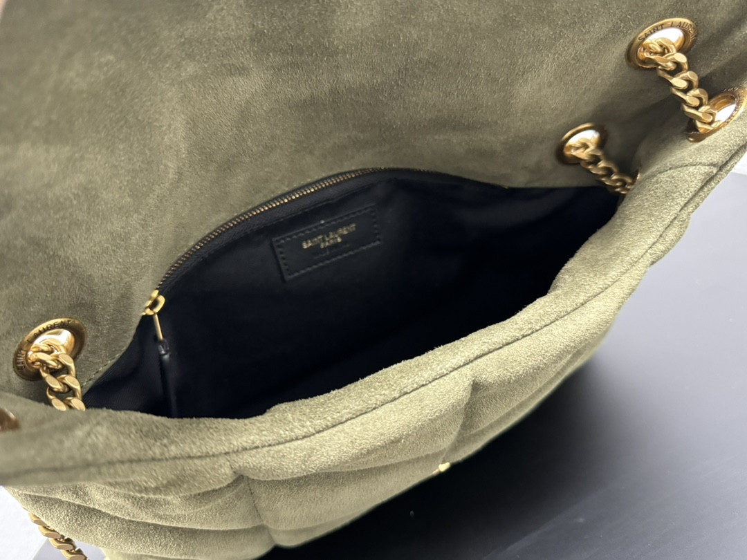 YSL PUFFER SMALL IN SHINY VELVET PALE OLIVE