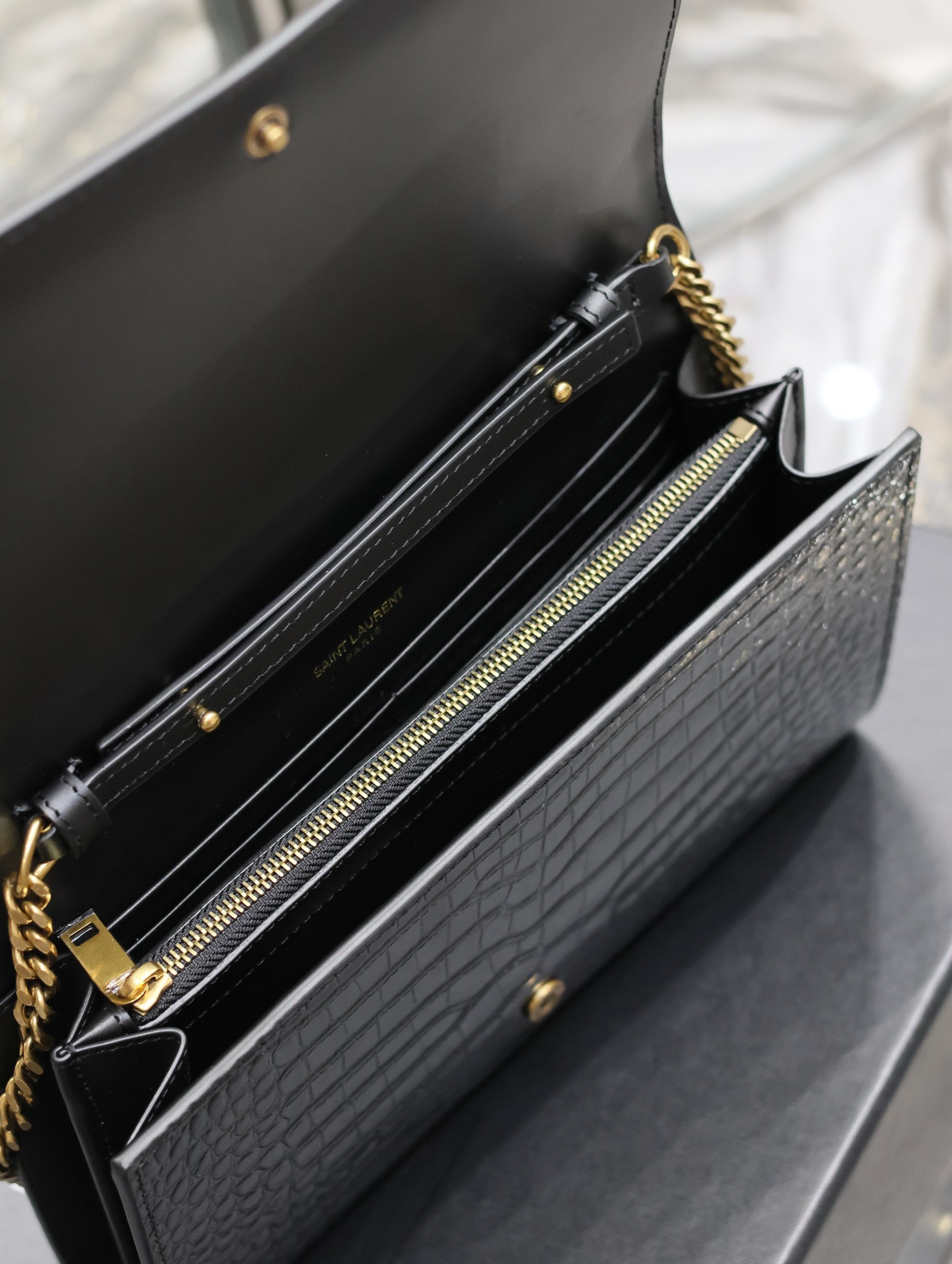 YSL CASSANDRE CHAIN WALLET IN CROCODILE-EMBOSSED SHINY LEATHER