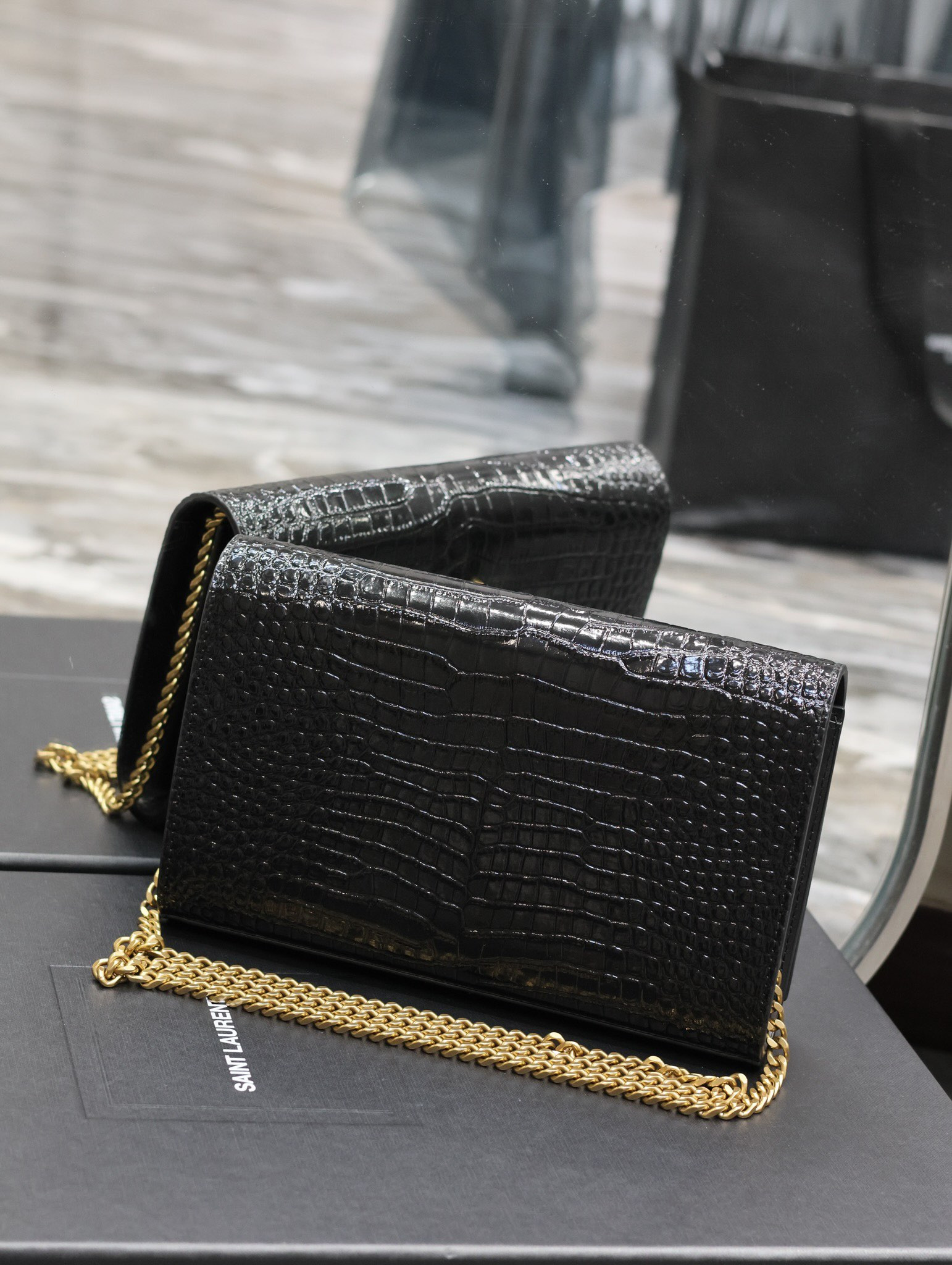 YSL CASSANDRE CHAIN WALLET IN CROCODILE-EMBOSSED SHINY LEATHER