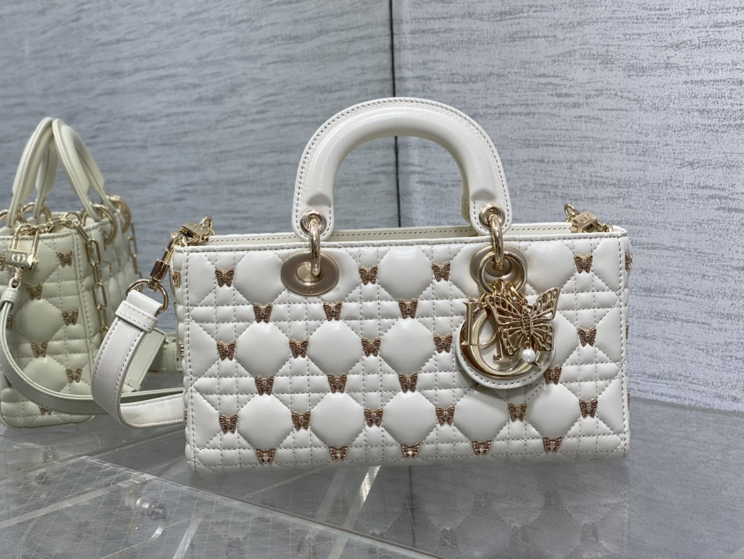 DIOR MEDIUM LADY D-JOY BAG White with Butterfly Studs