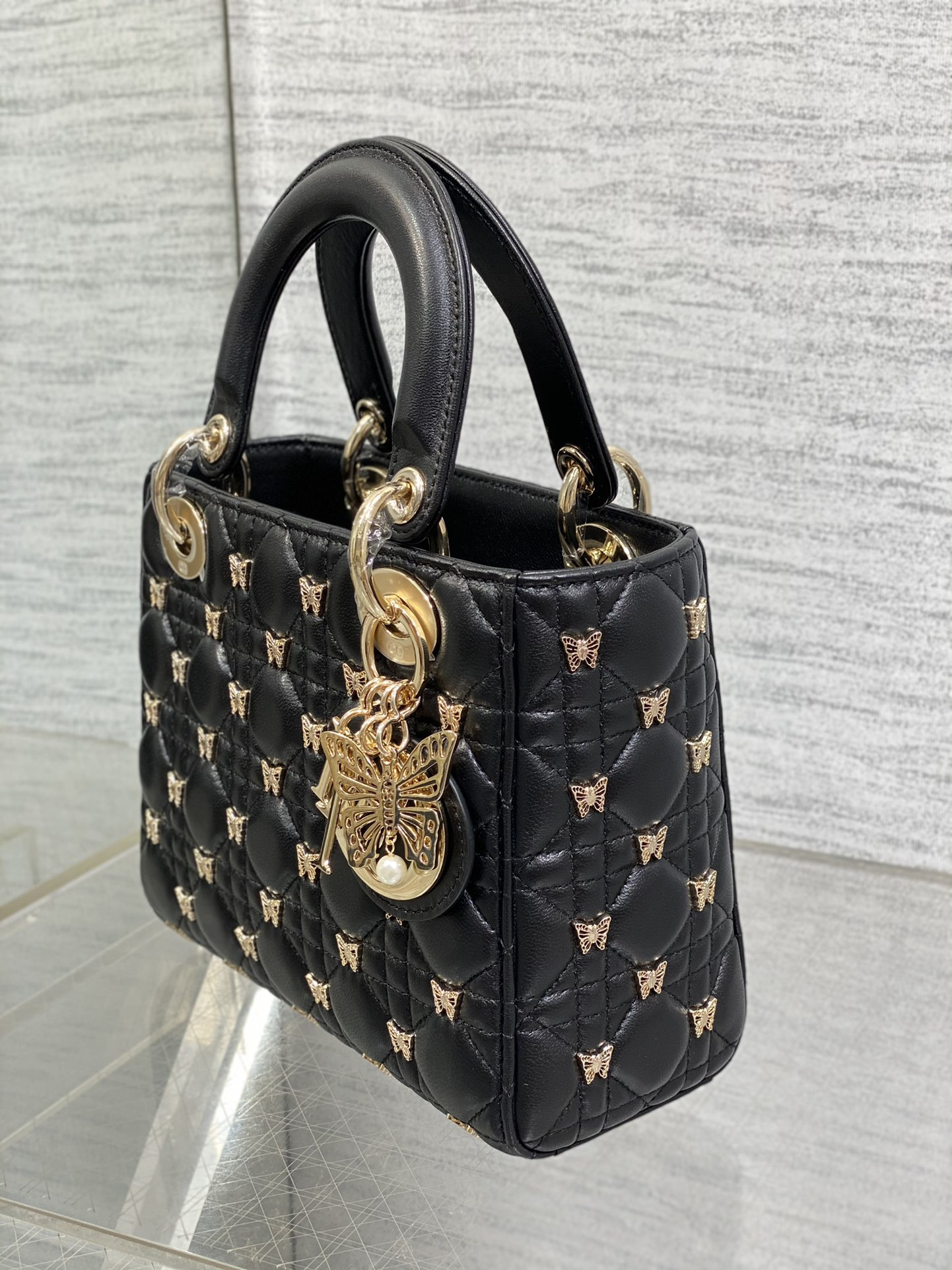 SMALL LADY DIOR Black with Butterfly Studs