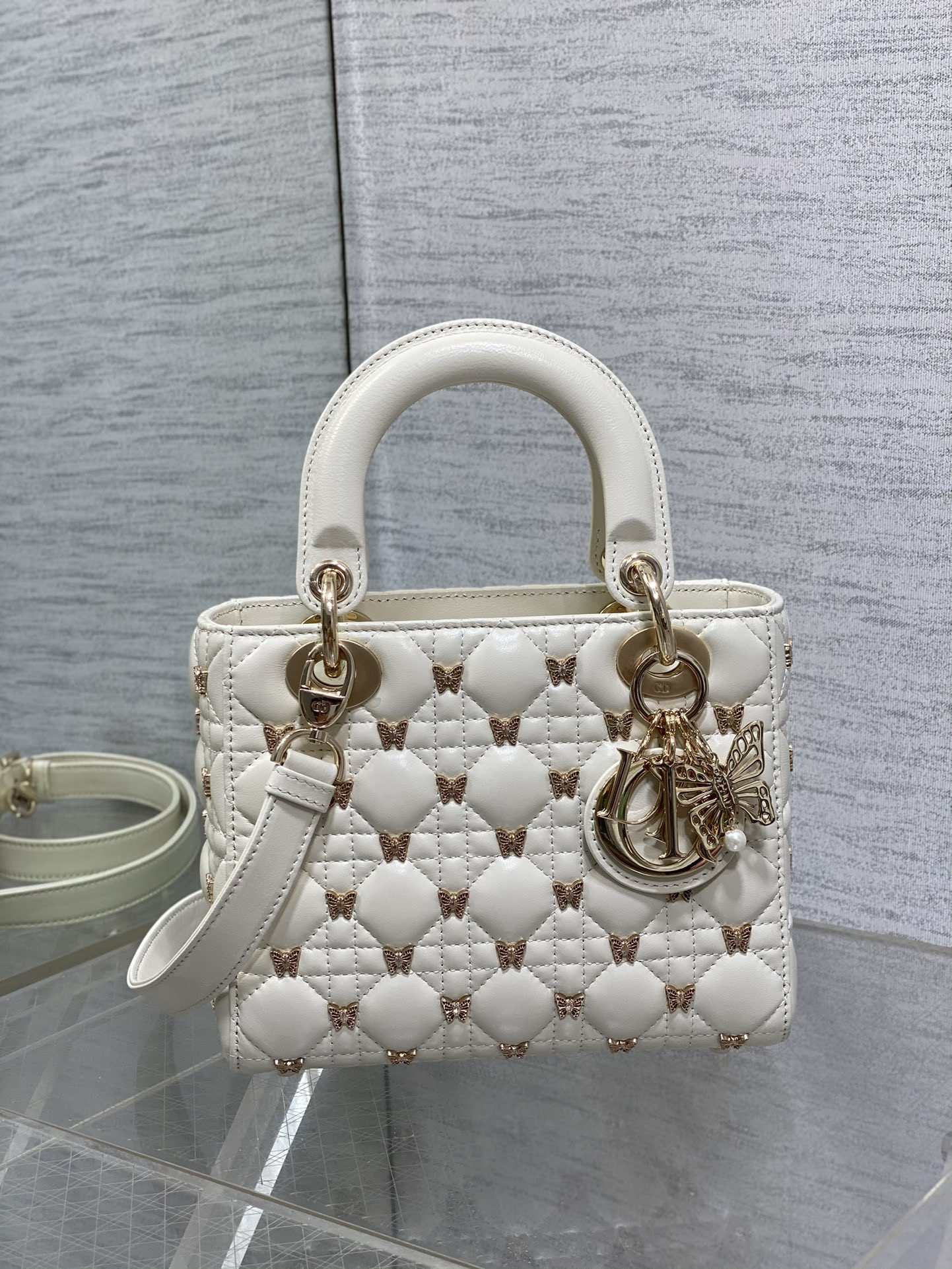 SMALL LADY DIOR White with Butterfly Studs