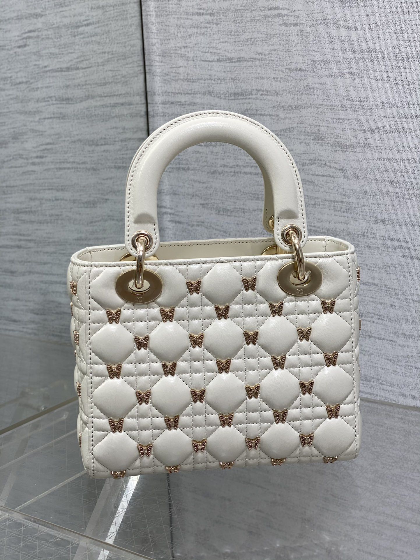 SMALL LADY DIOR White with Butterfly Studs