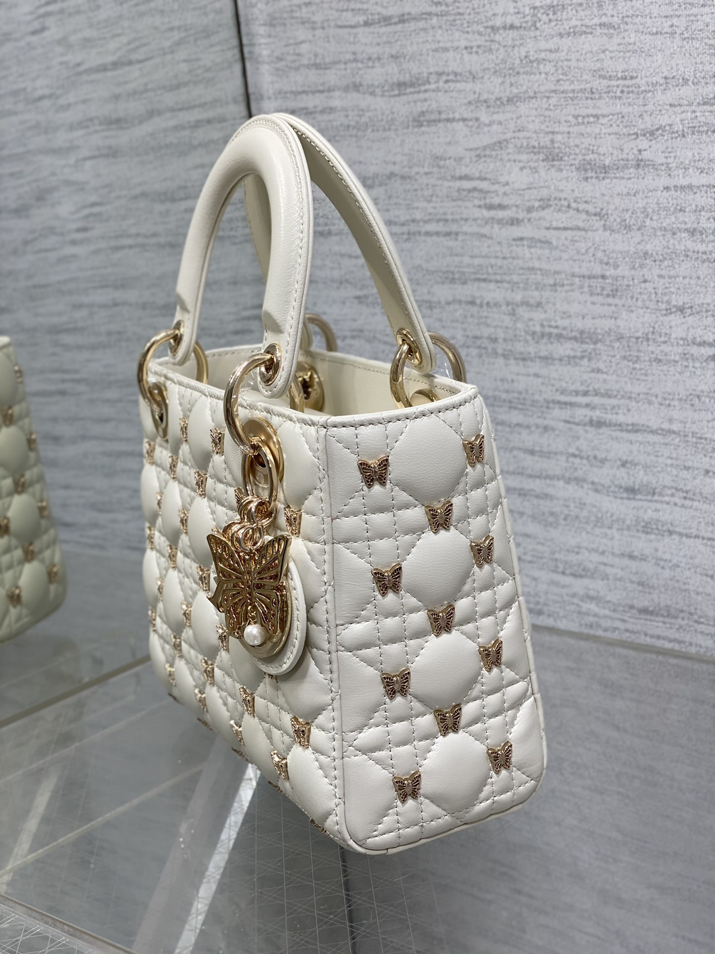 SMALL LADY DIOR White with Butterfly Studs