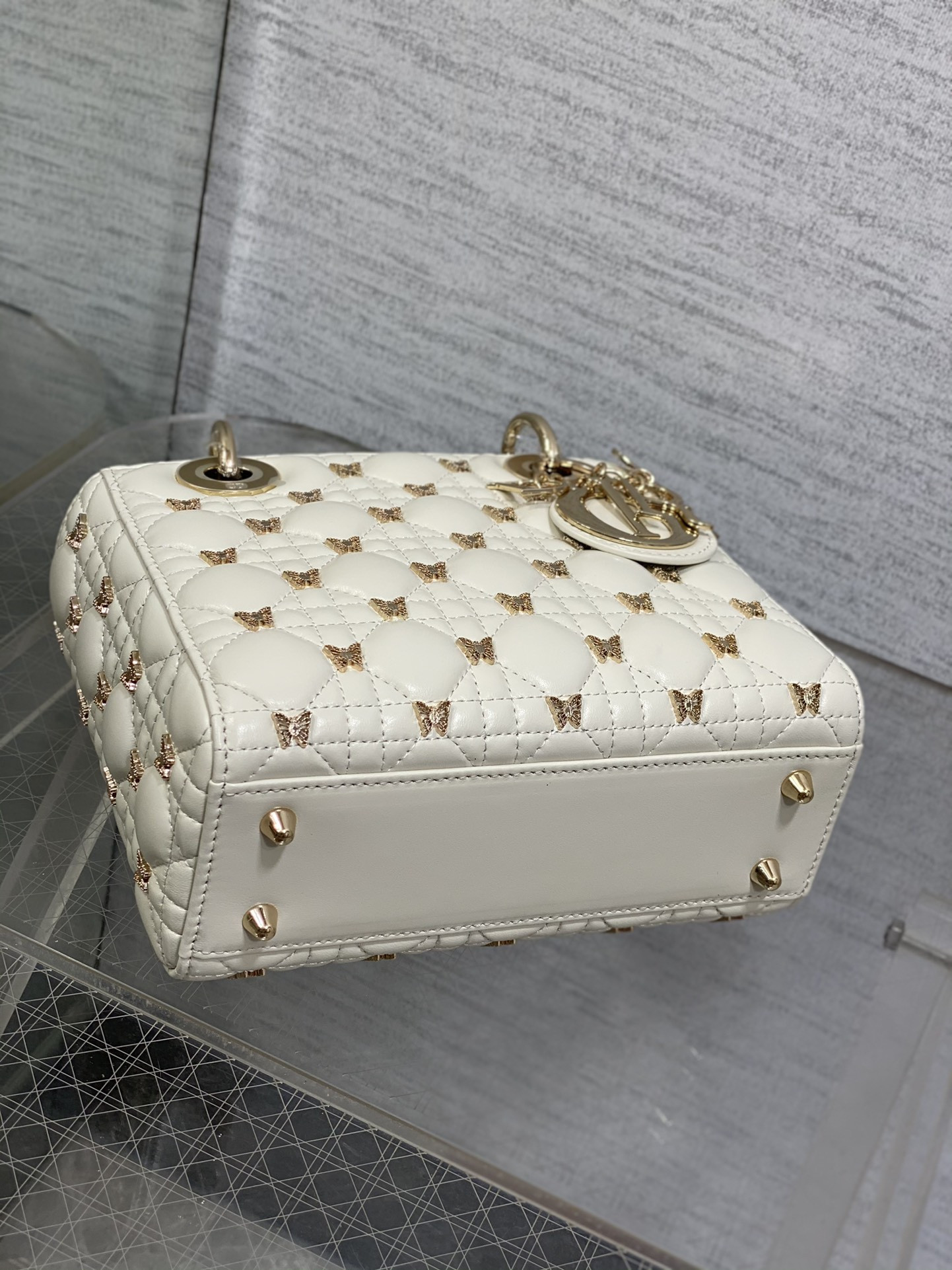 SMALL LADY DIOR White with Butterfly Studs