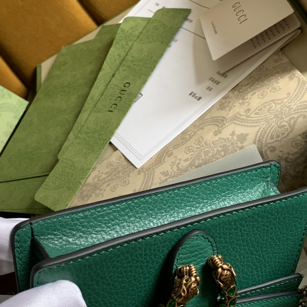 GUCCI DIONYSUS LEATHER SUPER MINI BAG GREEN 6.5"Wx3.9"Hx1.6"D