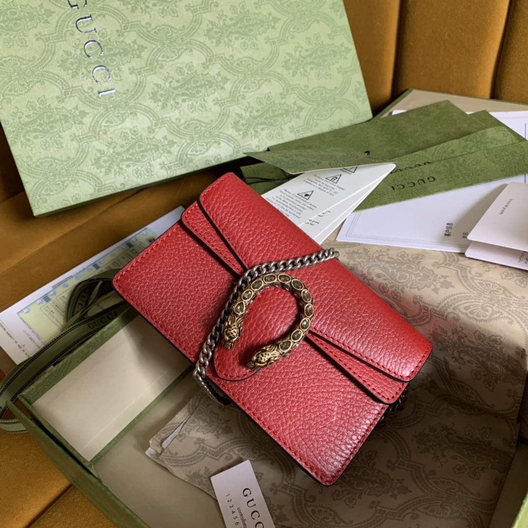 GUCCI DIONYSUS LEATHER SUPER MINI BAG RED 6.5"Wx3.9"Hx1.6"D