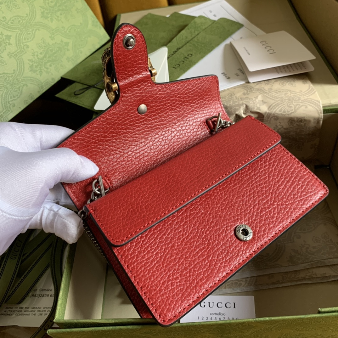 GUCCI DIONYSUS LEATHER SUPER MINI BAG RED 6.5"Wx3.9"Hx1.6"D