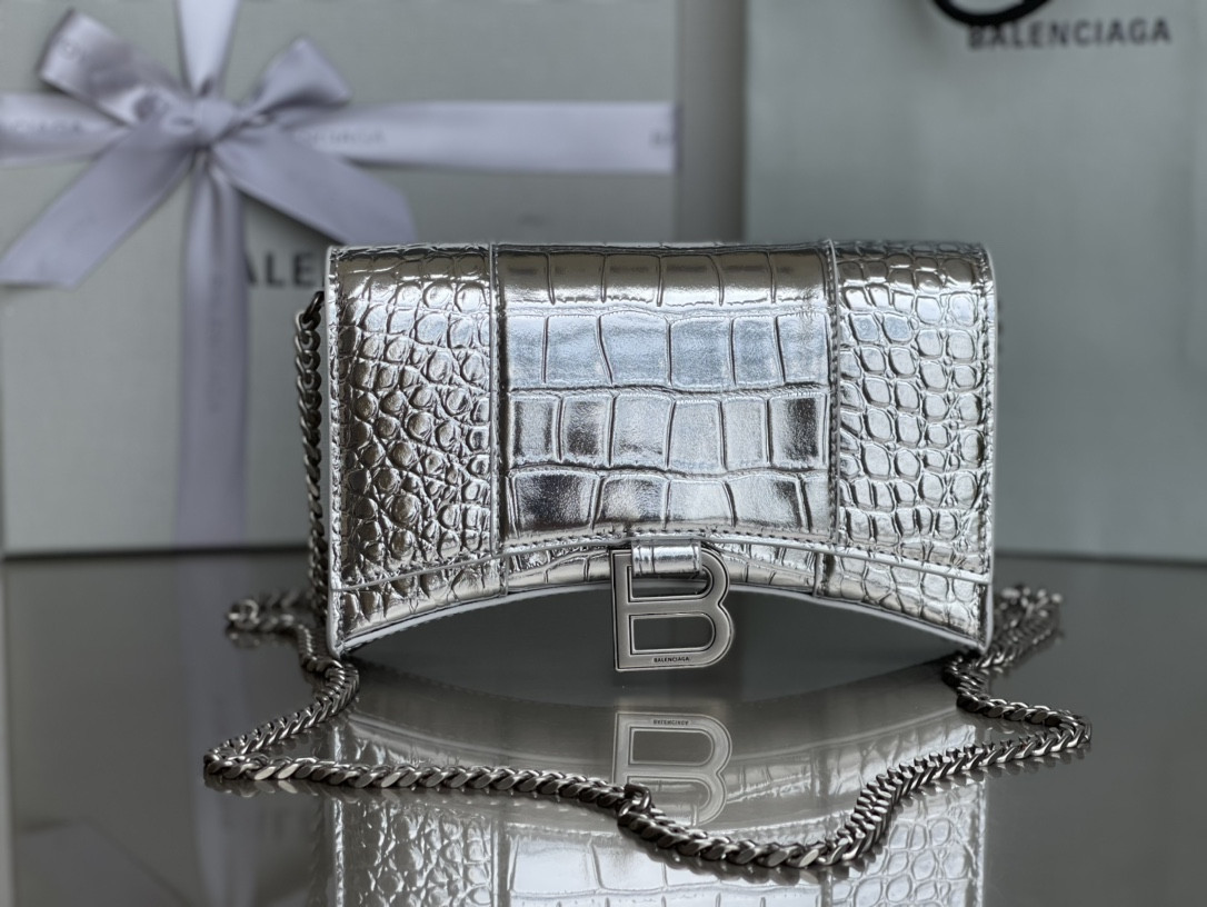 Balenciaga WOMEN'S HOURGLASS WALLET ON CHAIN CROCODILE EMBOSSED IN SILVER L7.6 x H4.7 x W1.9 inch