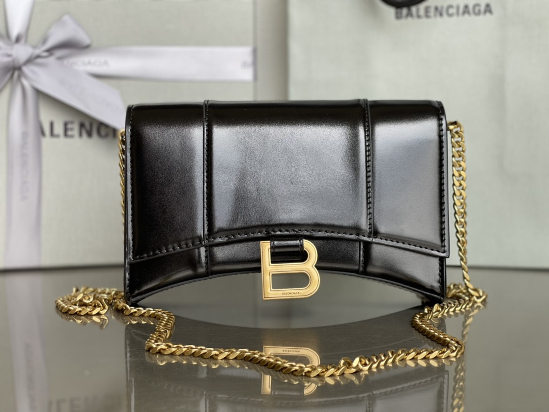 Balenciaga WOMEN'S HOURGLASS WALLET ON CHAIN BOX IN BLACK L7.6 x H4.7 x W1.9 inch