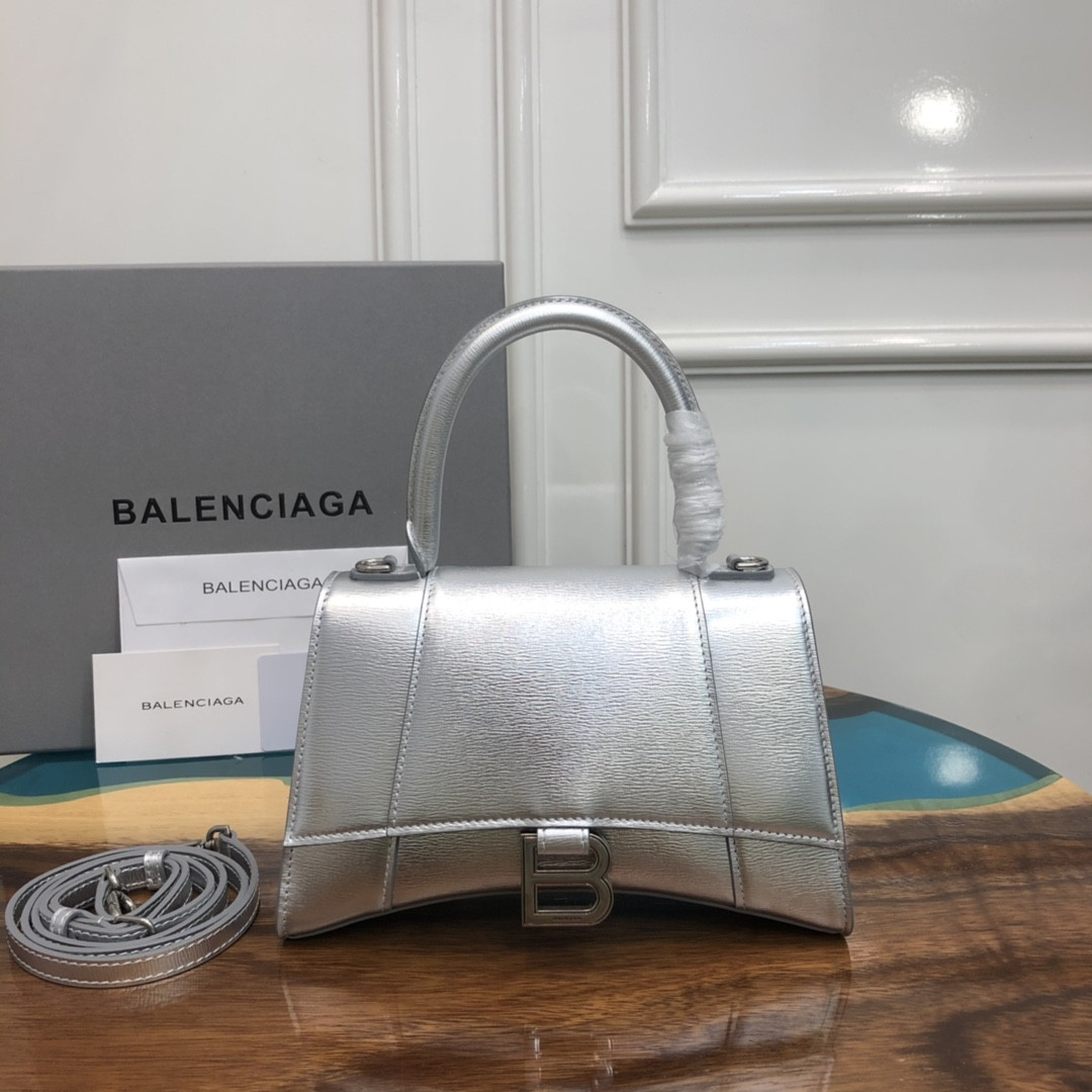 Balenciaga WOMEN'S HOURGLASS SMALL HANDBAG SILVER L9 x H5,5 x W3,9 inch
