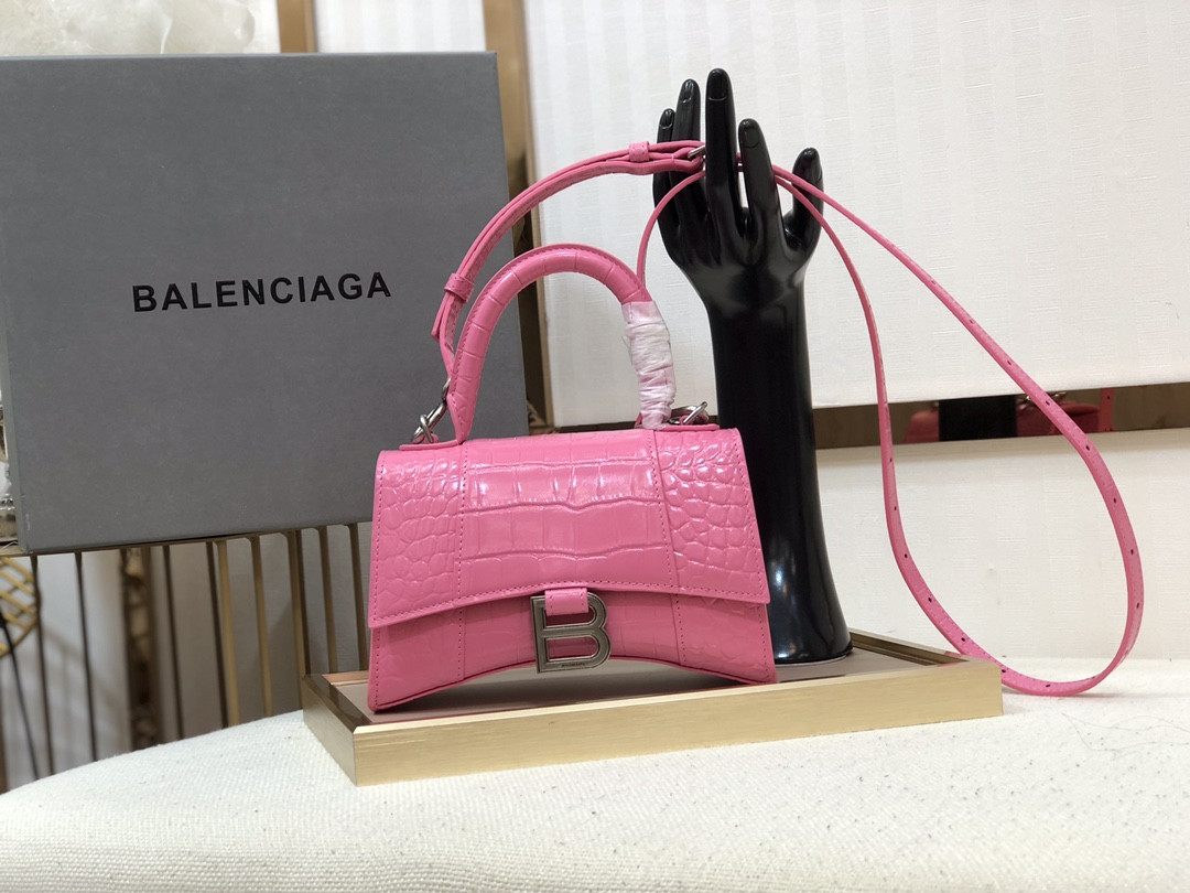 Balenciaga WOMEN'S HOURGLASS MINI HANDBAG CROCODILE EMBOSSED IN DARK PINK L7.4 x H5.1 x W3.1 inch