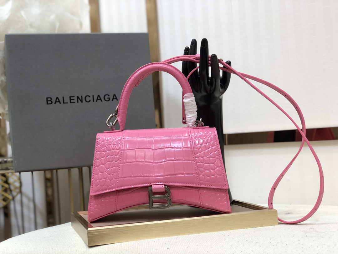 BALENCIAGA WOMEN'S HOURGLASS SMALL HANDBAG CROCODILE EMBOSSED IN SHINY PINK L9 x H5.5 x W3.9 inch