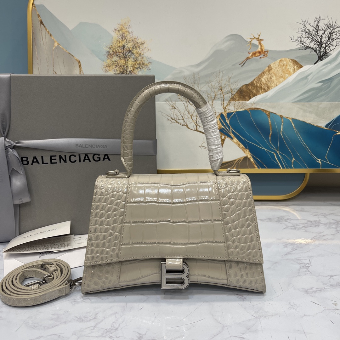 Balenciaga WOMEN'S HOURGLASS MINI HANDBAG CROCODILE EMBOSSED IN GRAY L7.4 x H5.1 x W3.1 inch