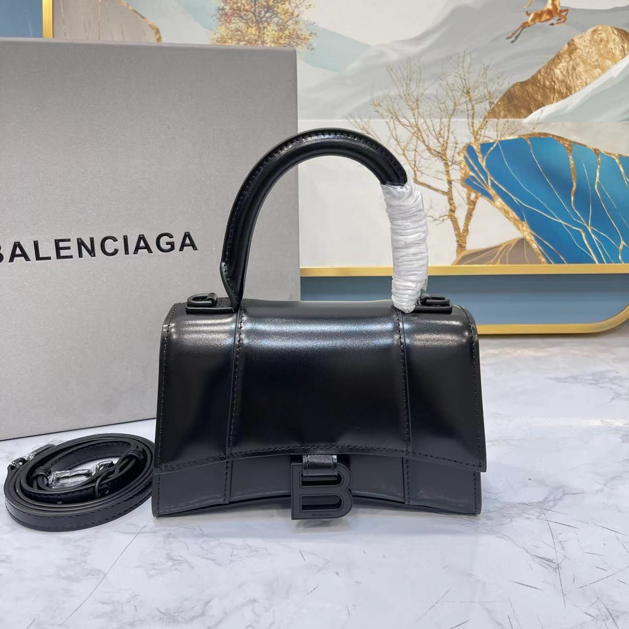 Balenciaga WOMEN'S HOURGLASS MINI HANDBAG BOX IN BLACK HARDWARE L7.4 x H5.1 x W3.1 inch