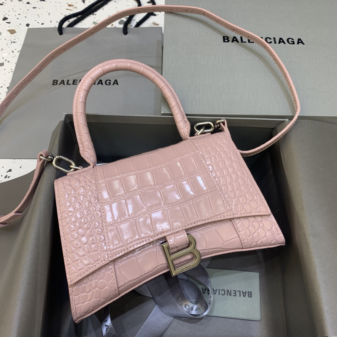 BALENCIAGA WOMEN'S HOURGLASS SMALL HANDBAG CROCODILE EMBOSSED IN PINK L9 x H5.5 x W3.9 inch