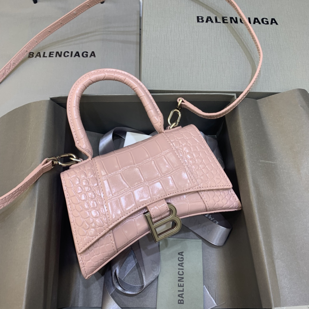 Balenciaga WOMEN'S HOURGLASS MINI HANDBAG CROCODILE EMBOSSED IN PINK L7.4 x H5.1 x W3.1 inch