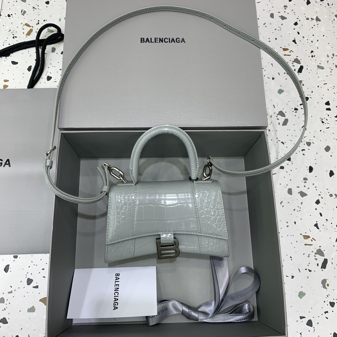 Balenciaga WOMEN'S HOURGLASS MINI HANDBAG CROCODILE EMBOSSED IN GREY L7.4 x H5.1 x W3.1 inch