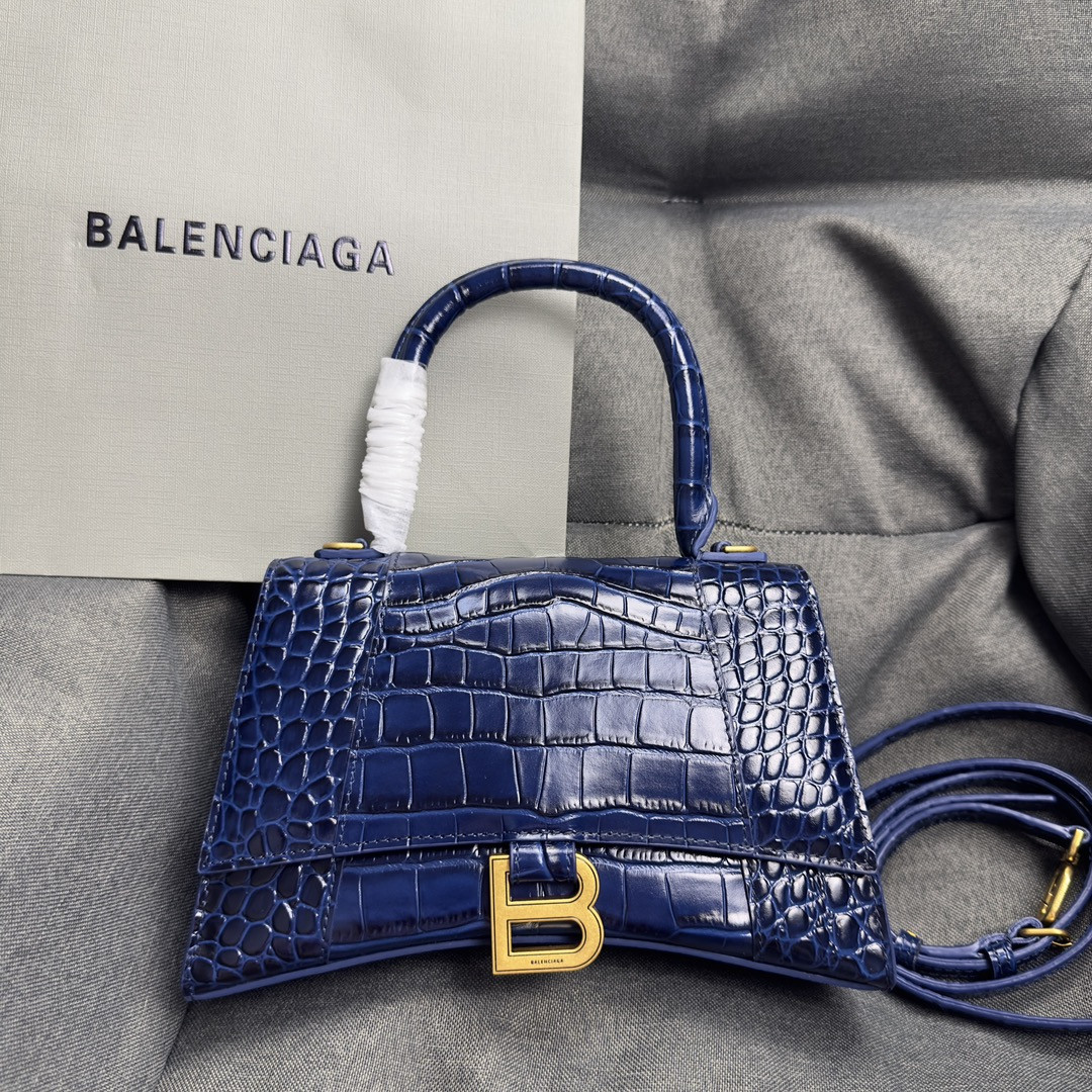 BALENCIAGA WOMEN'S HOURGLASS SMALL HANDBAG CROCODILE EMBOSSED IN NAVY L9 x H5.5 x W3.9 inch